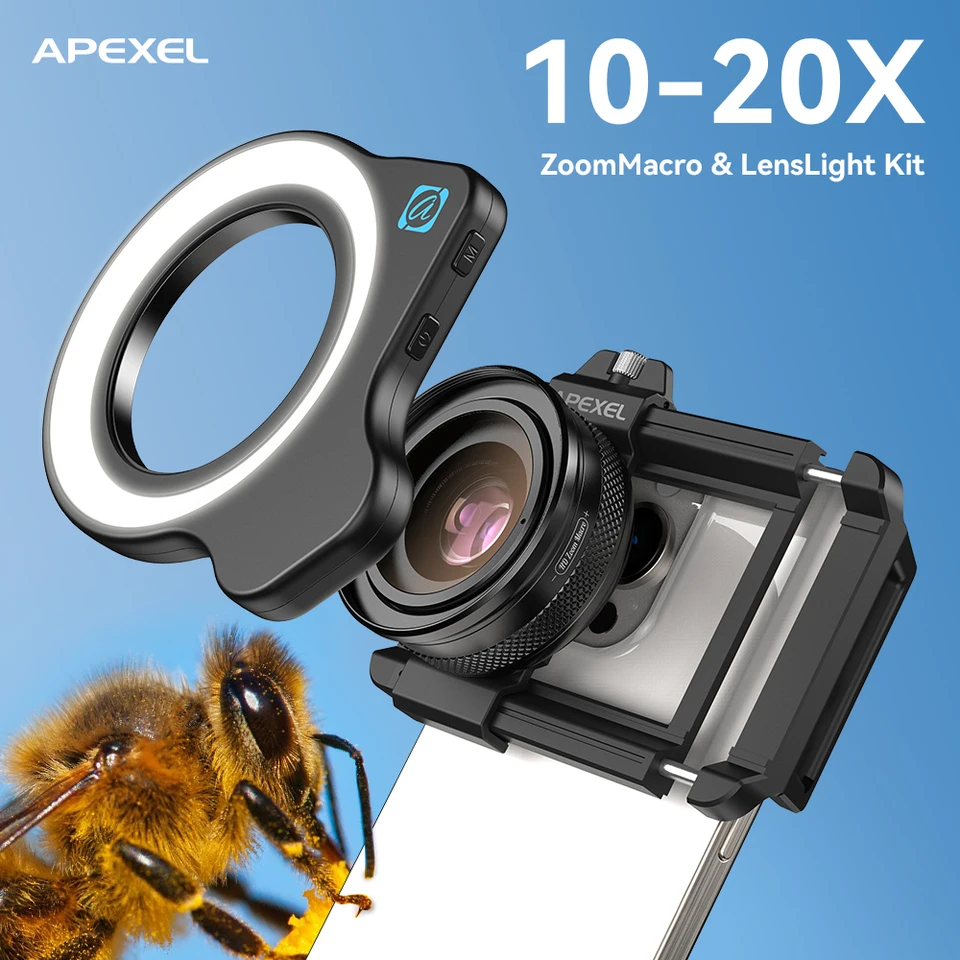 Lente macro APEXEL 10-20X zoom HD para teléfono con luz LED de relleno, para iPhone Samsung todos los smartphones, macro para pestañas