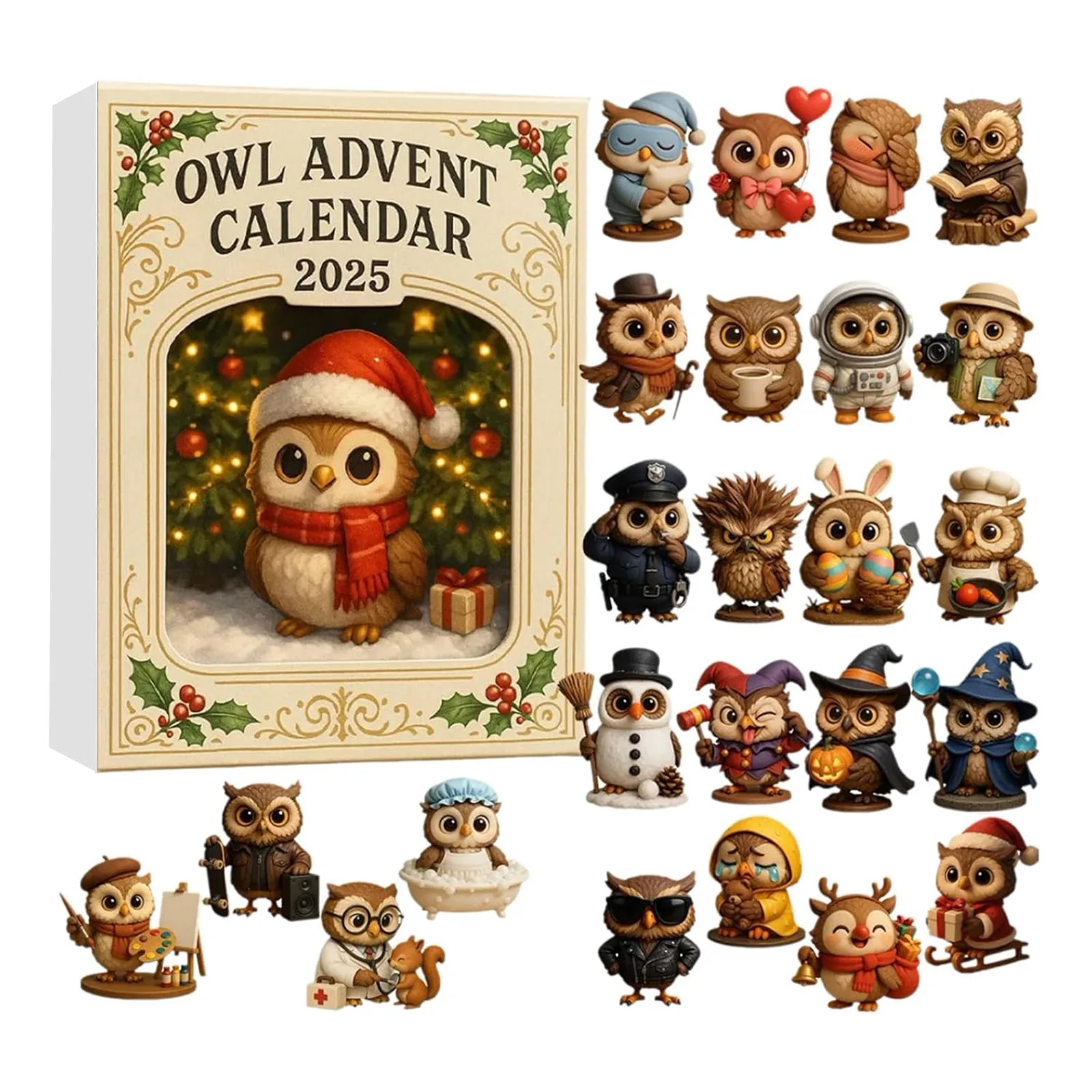 Juego de cocina Calendario de Adviento de búho 2025 24 días con 24 mini regalos únicos dentro de búho acrílico 2D Temporizador de 5 minutos para niños