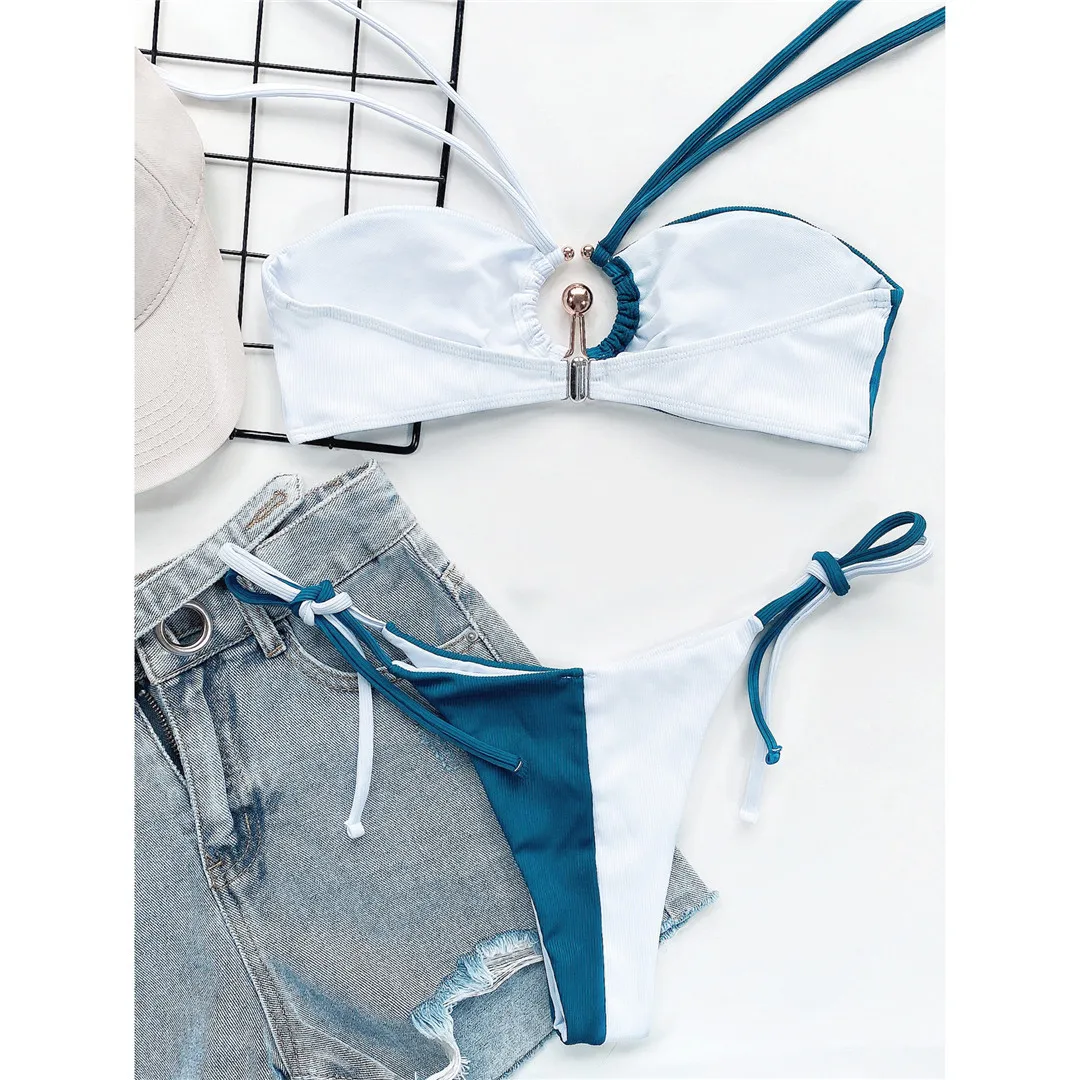 Damen-Badebekleidung, sexy, gerippt, mit Raffungen, Neckholder-Bikini, zweiteiliger Badeanzug, Badeanzug mit Trägern, Badeanzug, Modell V3134. – Detail 8