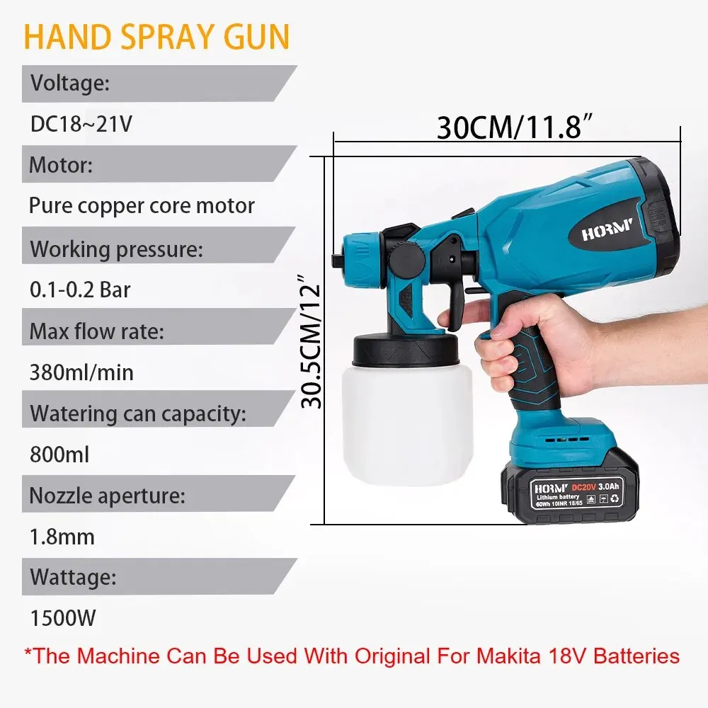 Hormy Electric HVLP Spray Gun Cordless Paint Sprayer Cars Furniture Steel Coating Airbrush Home DIY Tools For Makita 18V Battery