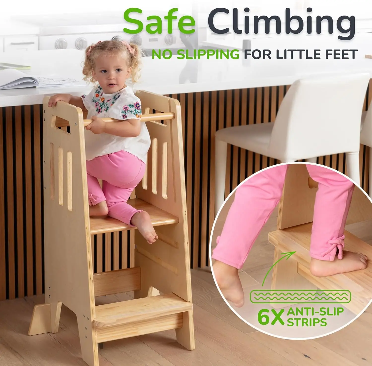 Sliding Door and 3 Adjustable Heights - Complete Toddler Kitchen Stool Helper with Support Feet - Safe Design for 18+ Months to