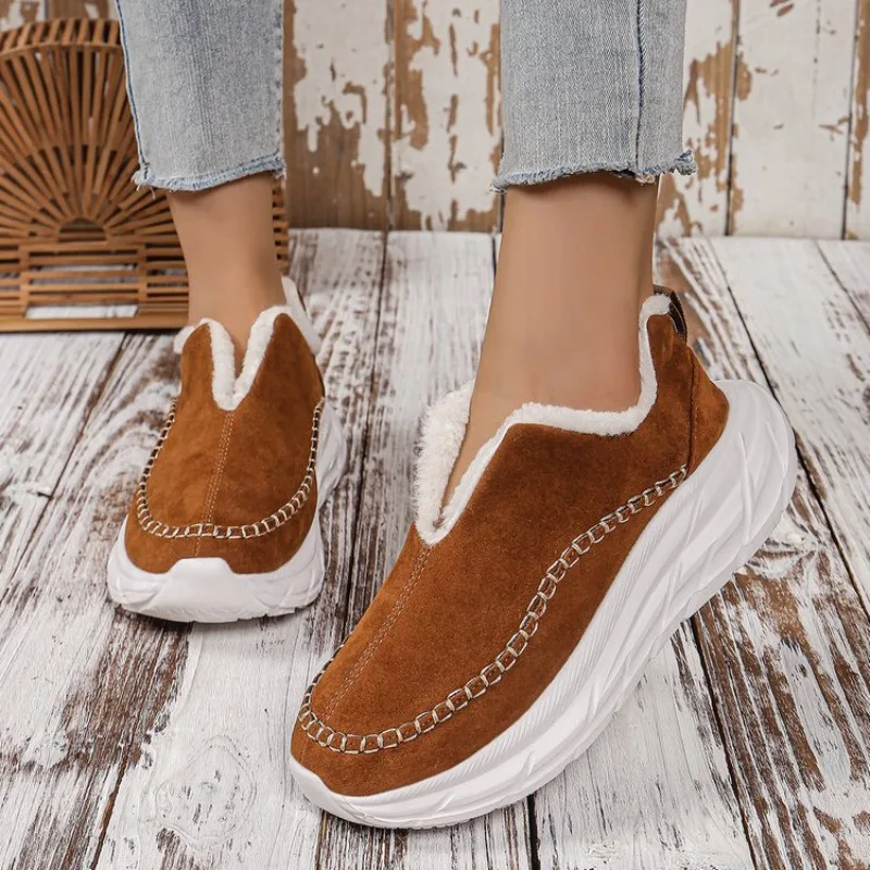 2025 New Winter Fashion Women's Cotton Shoes, Large-sized, Fleece, Thickened, Frayed, Warm Flat Cotton Shoes for Women，36-42