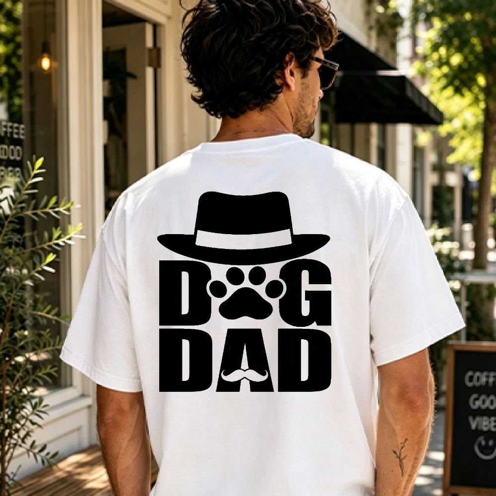 Dog Dad Fedora Hat Mustache Paw Negative Space Bold Black Letter Print T Shirt Cotton Tee Minimalist Puppy Owner Dad Gift Men