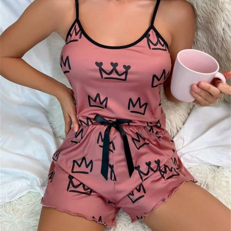 

SUIRI Butterfly Print Pajama Set Lettuce Trim Cami Top Elastic Waistband Shorts Women Sleepwear Loungewear Set Sexy Lingerie