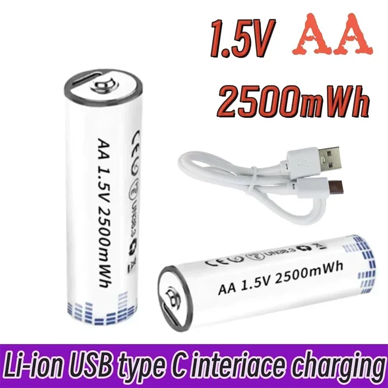 AA Rechargeable Battery 1.5V AA USB Lithium Ion Battery with Capacity 2500mWh for Romote Control LED Toy Keyboard