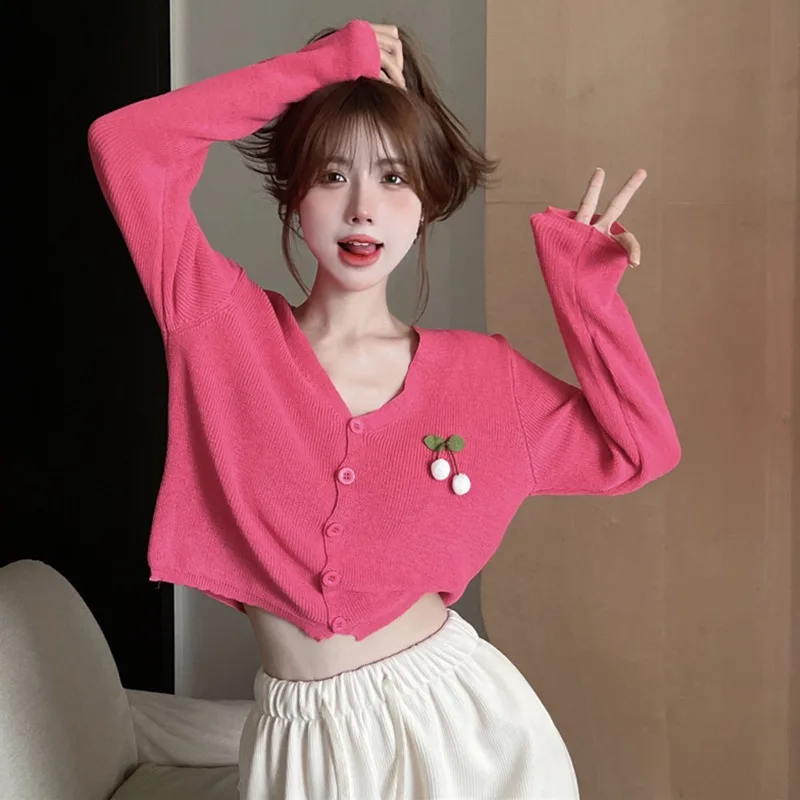 Women's Cardigan Solid Color Cherry Ornaments Casual Sweet Long Sleeves Knitted Cardigan Sweater Spring  Autumn