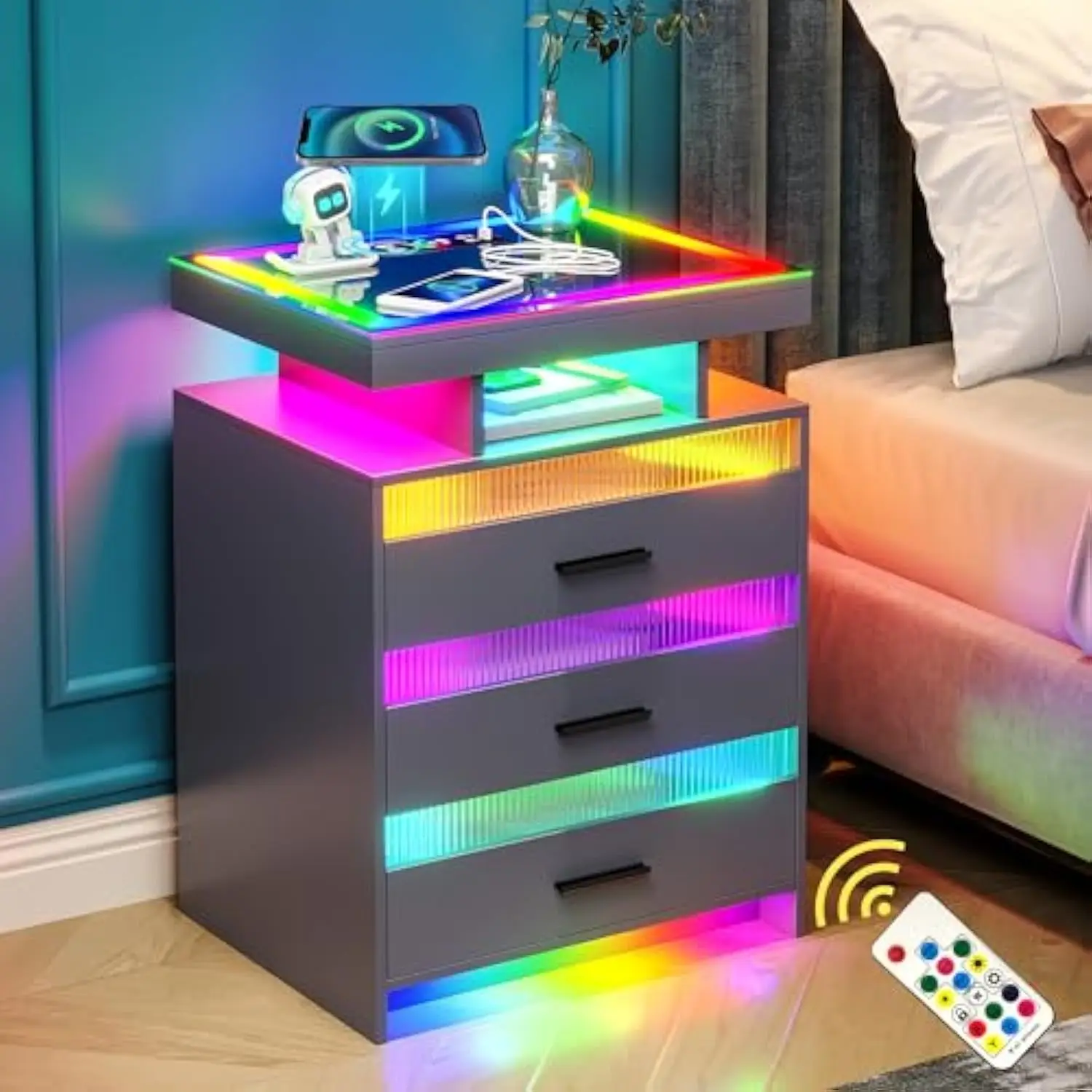 

LED Nightstand with USB/Type-C/Wireless Charging Station, Smart Night Stand with Auto 24-Color RGB LED Light, Bedside Table wit