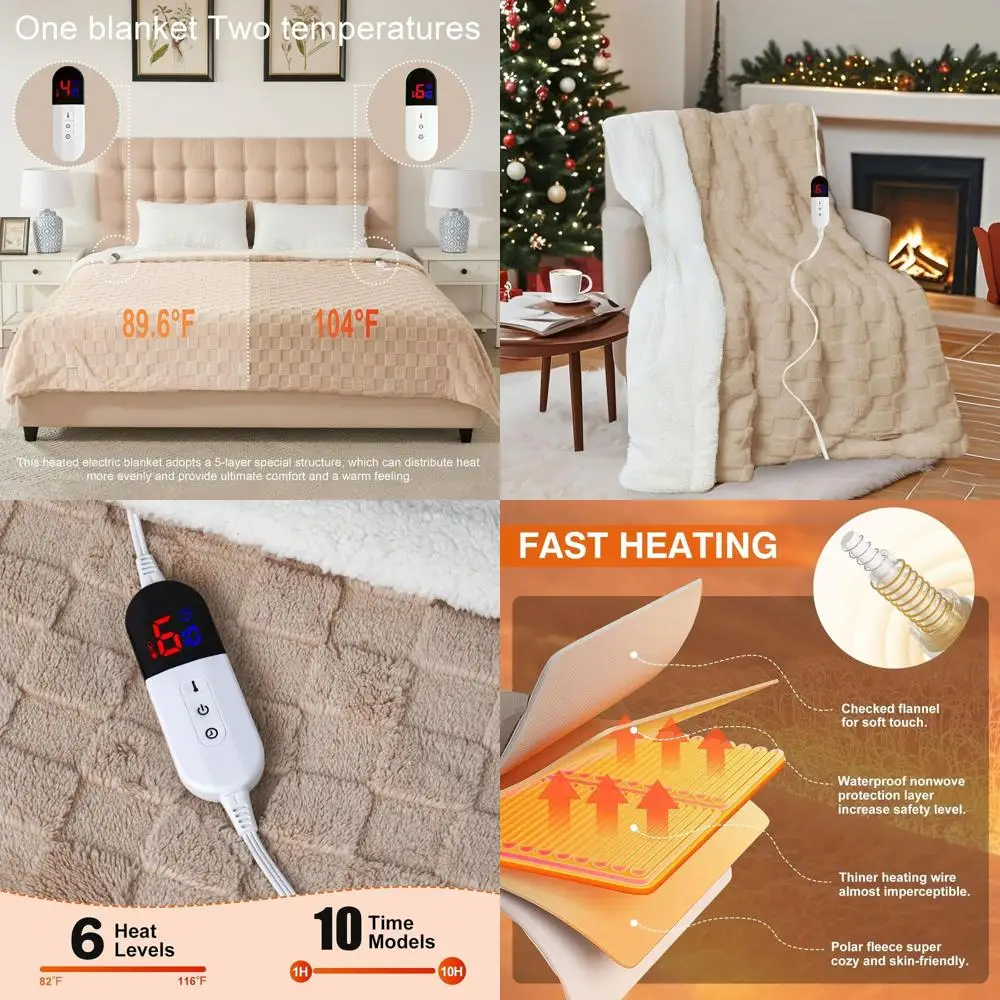 

6-уровневое регулируемое, 10-часовой таймер, автоматическое выключение, мягкое фланелевое электрическое одеяло с быстрым нагревом 84 x 90, хаки
