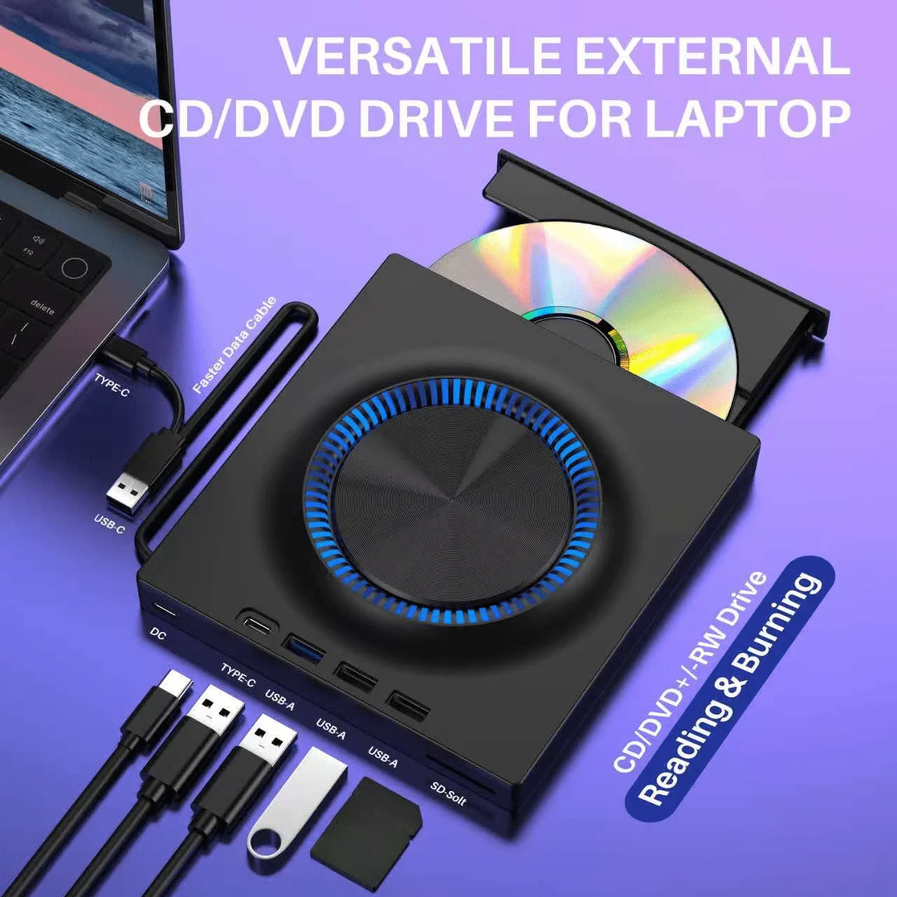 USB 3.0 External Drive,Typ C Portable CD/ DVD+/ -RW Drive Player Hub with SD Card Reader Burner Compatible with Laptop Desktop