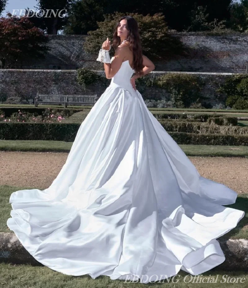 EBDOING Wedding Dress A-Line Satin Sexy Sweetheart Neckline Sleeveless Basque Customized Bride Gown