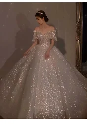 New Lace Strapless Wedding Dress Off The Shoulder With Bow Bridal Shinny Ball Gown Luxury Custom Made Vestido De Noiva