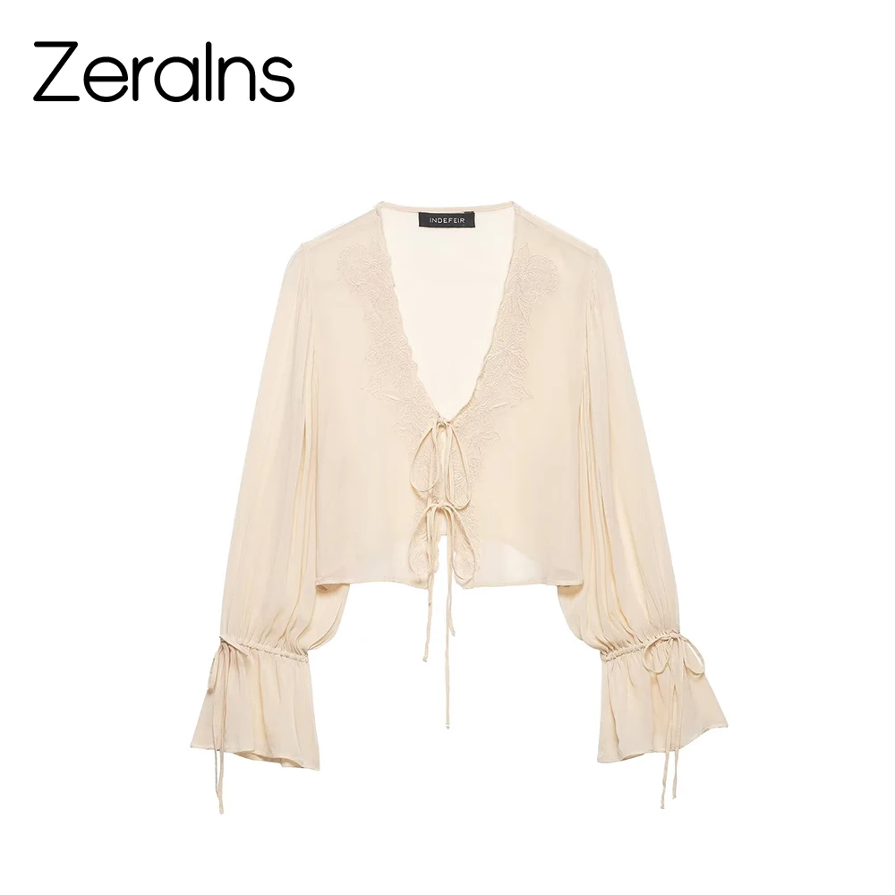 

ZERAINS 2026 summer French retro style white lace patchwork lace up shirt women's long sleeved romantic top