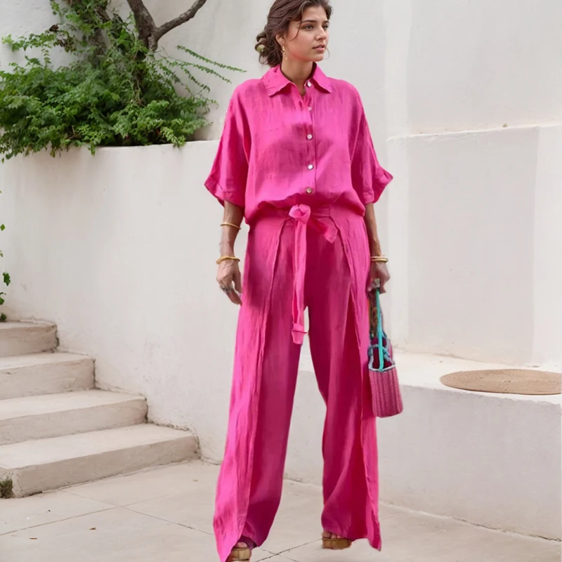 Set di camicie da donna eleganti Casual tinta unita in cotone e lino con bottoni colletto rovesciato camicia cintura gamba larga con spacco pantaloni irregolari