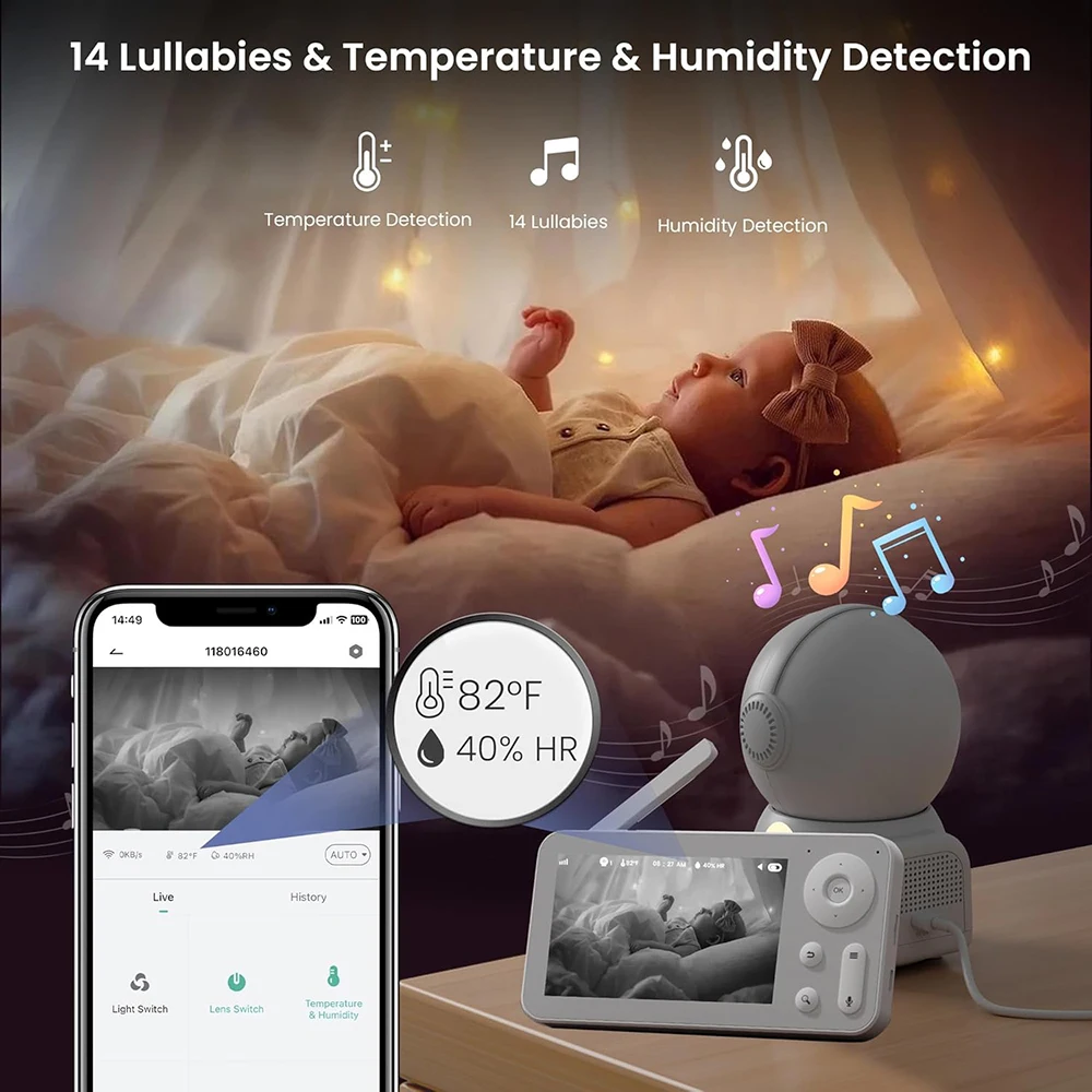 2K Baby Monitor with 2 Cameras and Audio Babyphone WiFi Smartphone 2.4G for Nursery Pet Elderly 355° Rotation RGB Night Light view 4