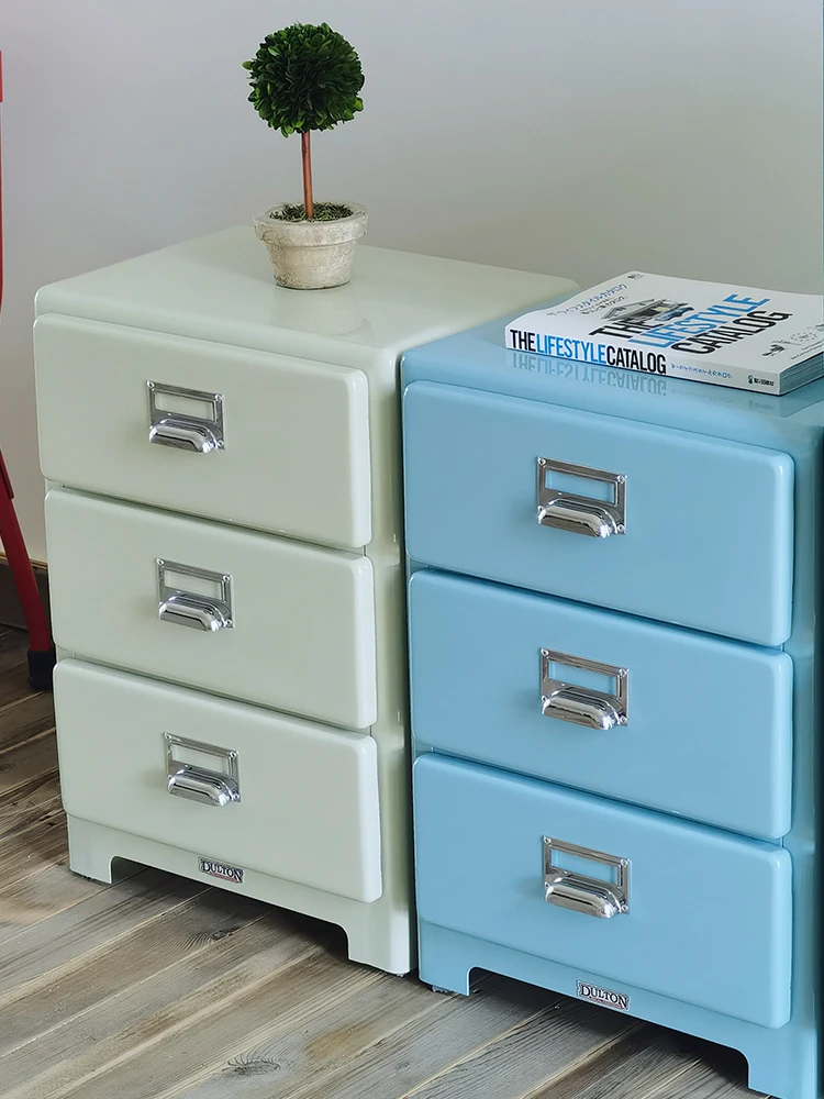 Metal cabinet, vintage bedside table, bedroom, minimalist storage cabinet, three bucket cabinet