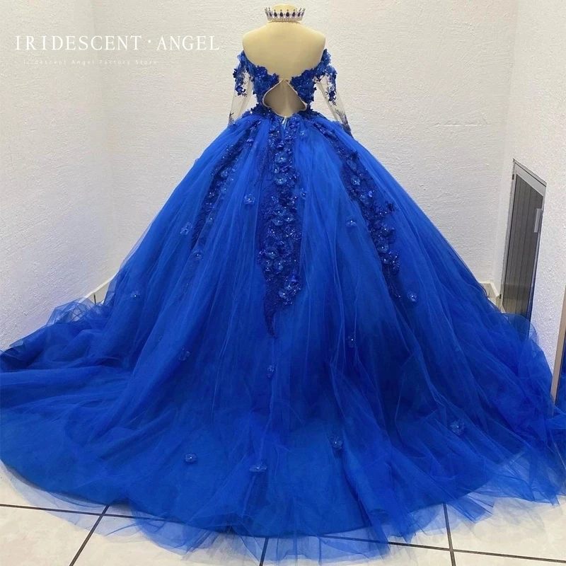 Abito da ballo blu reale iridescente maniche lunghe abiti Quinceanera 3D Flower Evening Sweet 16 Backless Princess Birthday Party