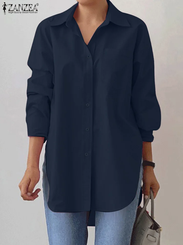 

2025 ZANZEA Stylish Lapel Neck Long Sleeve Office Shirts Autumn Women Tops Solid Split Hem Blouse Casual OL Work Blusas Oversize
