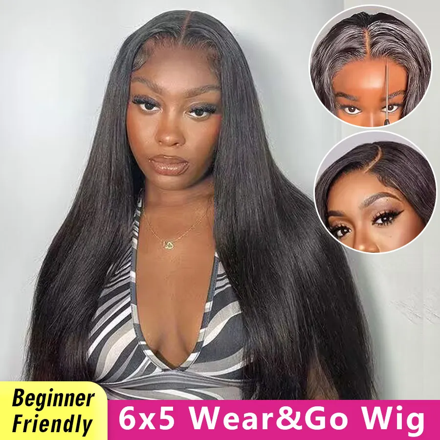 New 6x5 Glueless Wig Human Hair Ready To Wear Straight Bleached Knots 4x4 Lace Closure Wig Wear And Go Prelucked Human Hair