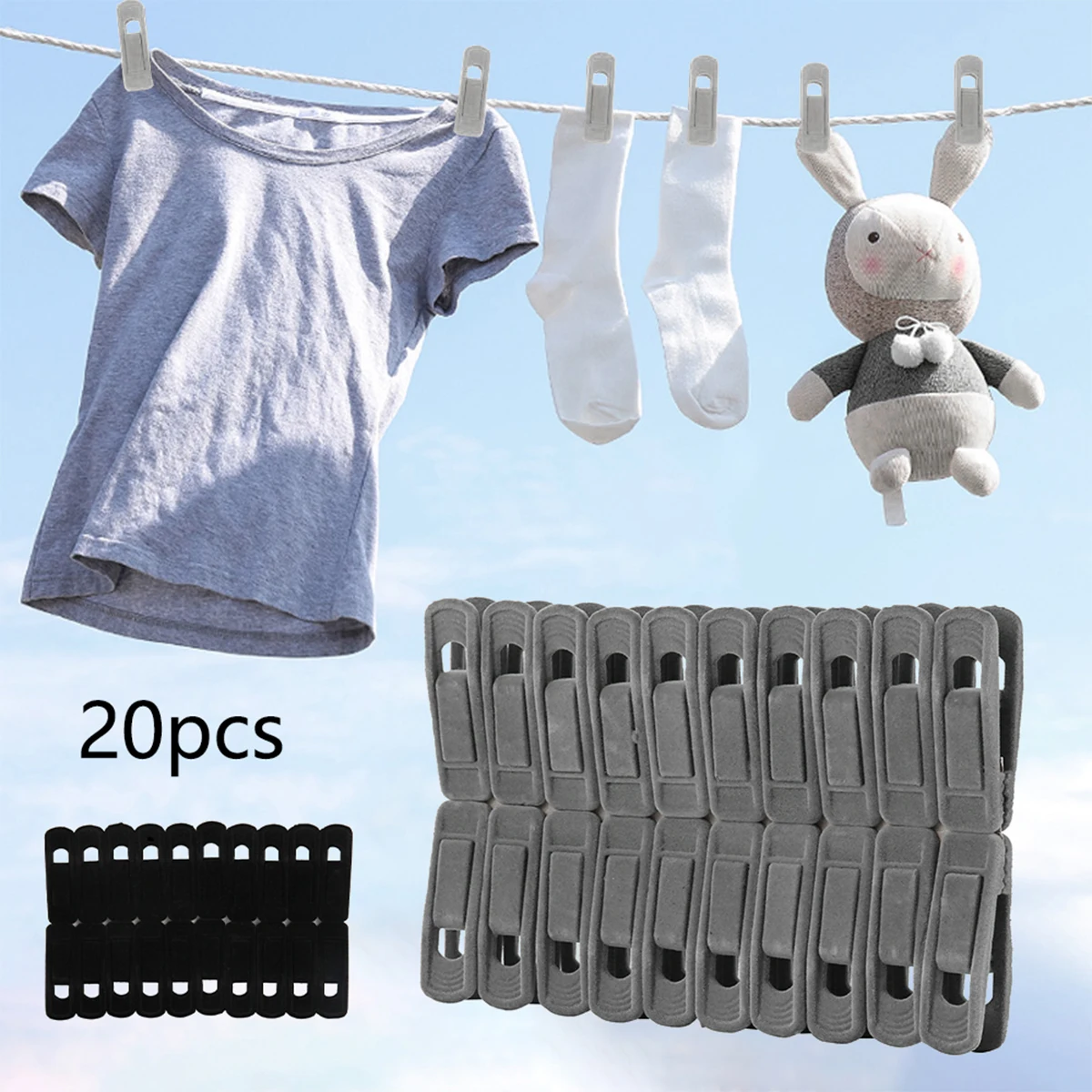 20Pcs Flocking Clothes Clips Strong Windproof Non-Slip Pants Hangers for Laundry Hanging Socks Underwear Drying Rack Black/Gray