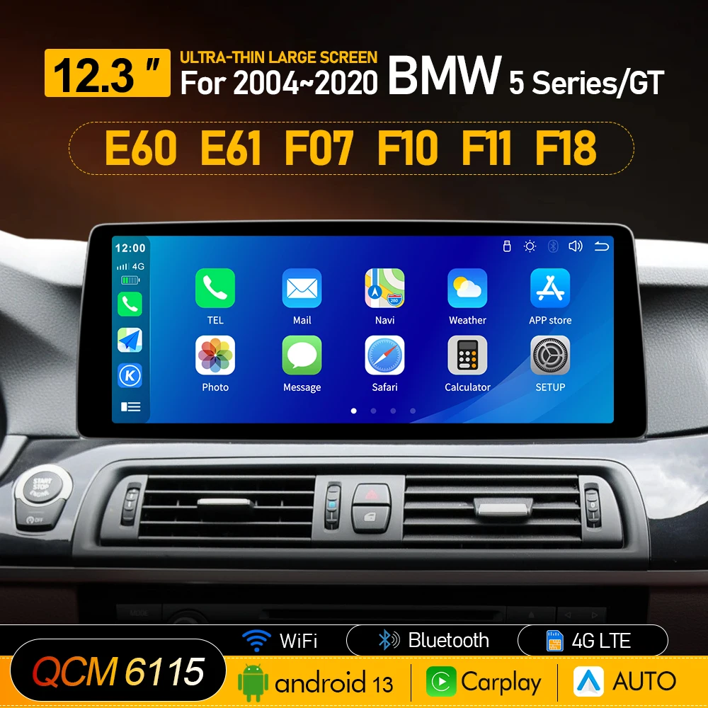 Radio para Auto Android, Reproductor Multimedia de 12.3 Pulgadas para BMW Serie 5 5GT F07 F10 F11 E60 E61 G30 G38 2004-2020, Auto CarPlay, Navegación