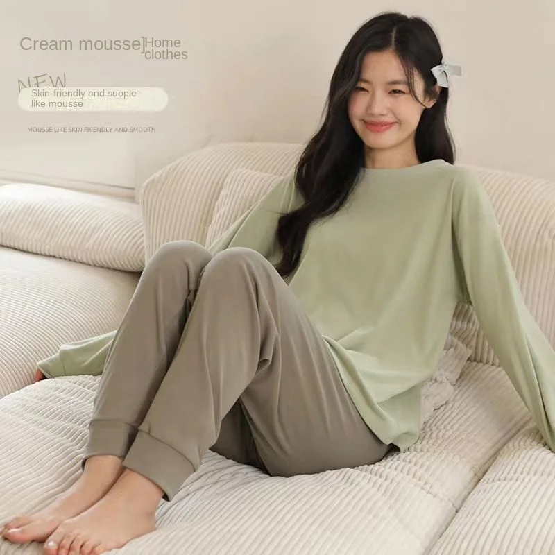 Pajamas Female Autumn and Winter Buffing Mousse Round Neck Pullover Loungewear Korean Version Warm Long Sleeve Pants Suit Soft