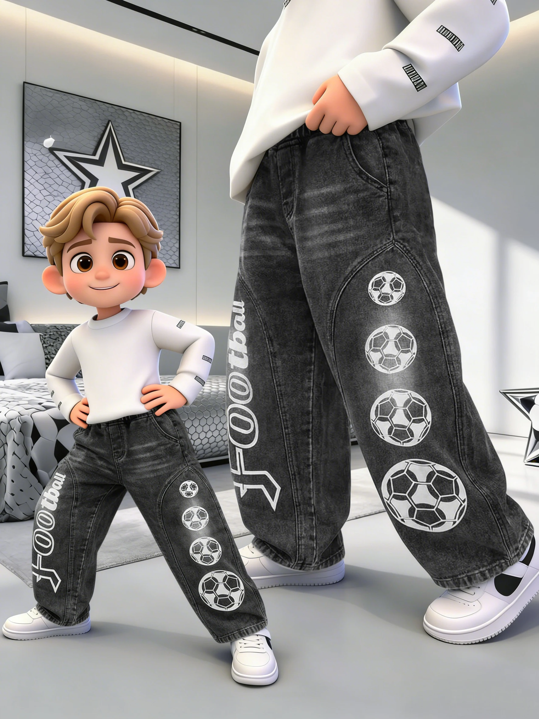 Original Boys' Jeans, Trendy Boys' Jeans with Large Football Print on the Side, Children's Clothing Pants with Football Lettering in English, Elastic Waist Children's Casual Jeans with Vertical Football Lettering on the Side, Comfortable and Suitable for Outings, School, Park Play, Summer, Parties, Children's Day, and Shopping.
