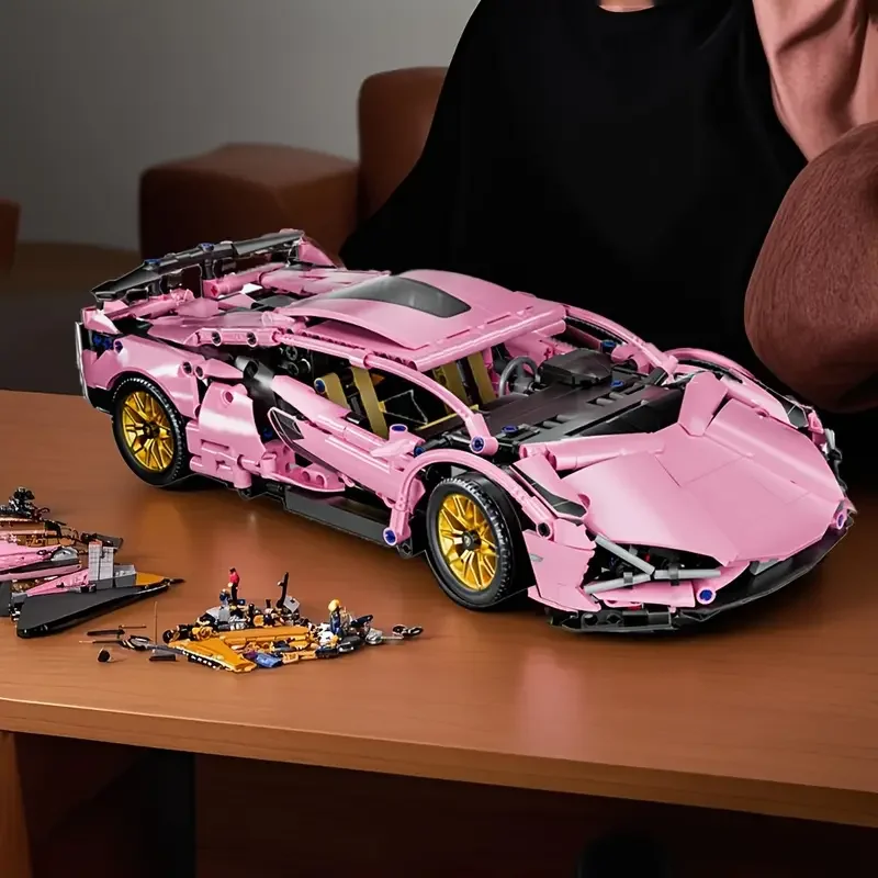1230 pièces modèle de bloc de construction de bricolage de supercar rose, pièce d'exposition de voiture de course de bloc de construction, le premier choix pour Halloween, cadeaux de Noël/anniversaire