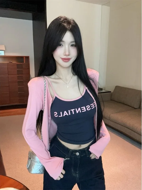 

Sexy Short Sleeveless Tank Top And Cardigan Two-Piece Set Long Sleeve Women's Fashion Autumn 2025 Korean Style Versatile Top