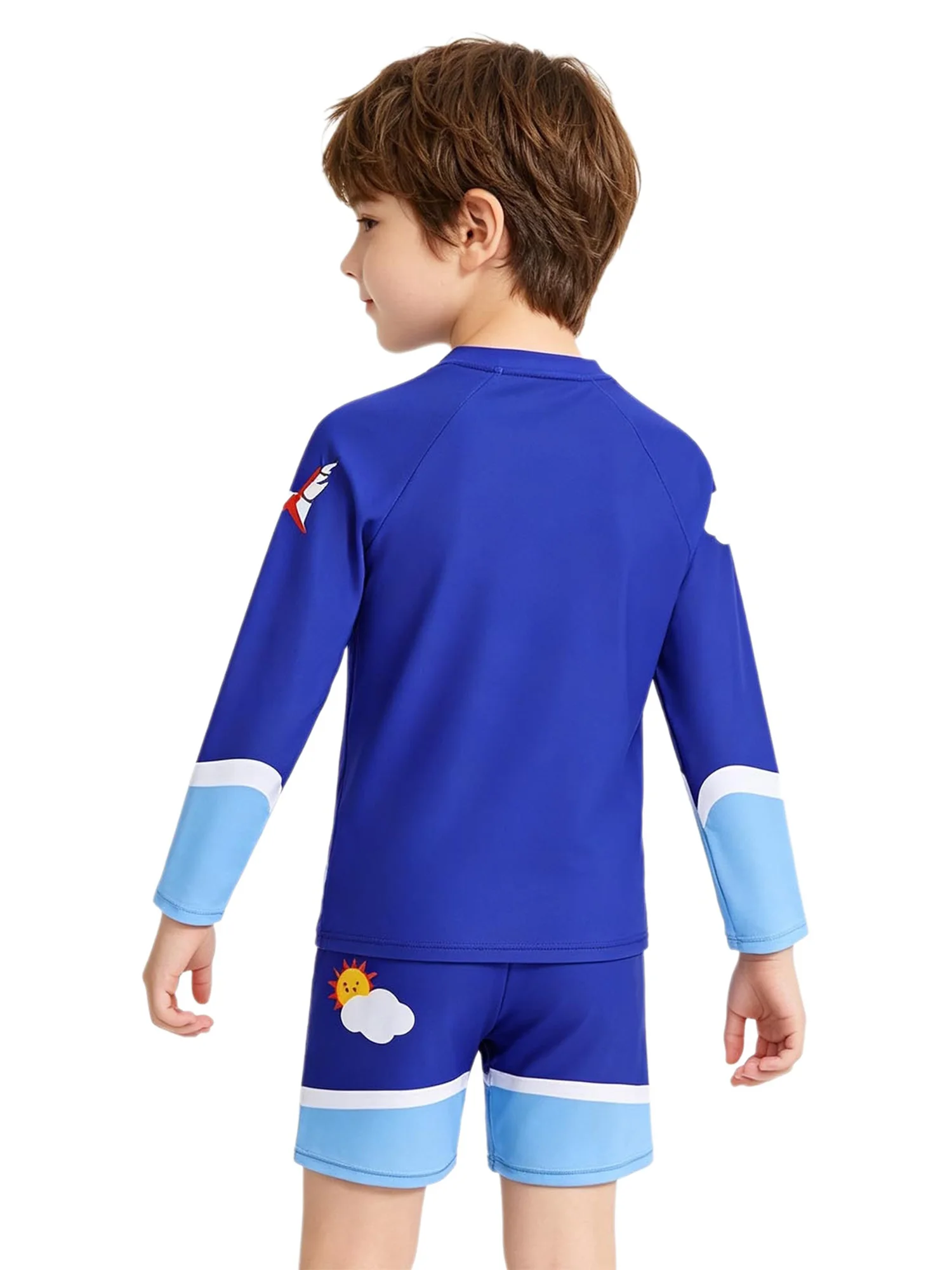 Youth Boys Two Piece Sun Protection Swimsuit Cartoon Long Sleeve Rash Guard with Shorts Stretchy Quick Dry for Beach Swimming