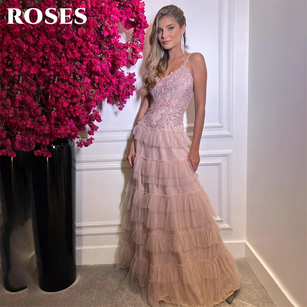 

ROSES Blush Pink Special Occasion Dresses Applques Lace Formal Gown Beach V Neck Long Evening Dresses Custom vestidos de fiesta