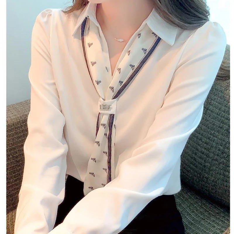 Autumn New Elegant Fashion Commuter Office Lady Chic Minimalist Shirt Women Necktie Turn Down Collar Solid Color Long Sleeve Top