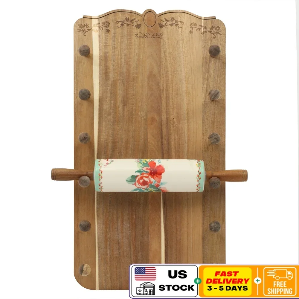 Mattarello in ceramica con supporto in legno di acacia Set di strumenti da cucina dal design floreale Regalo ideale per panettiere domestiche