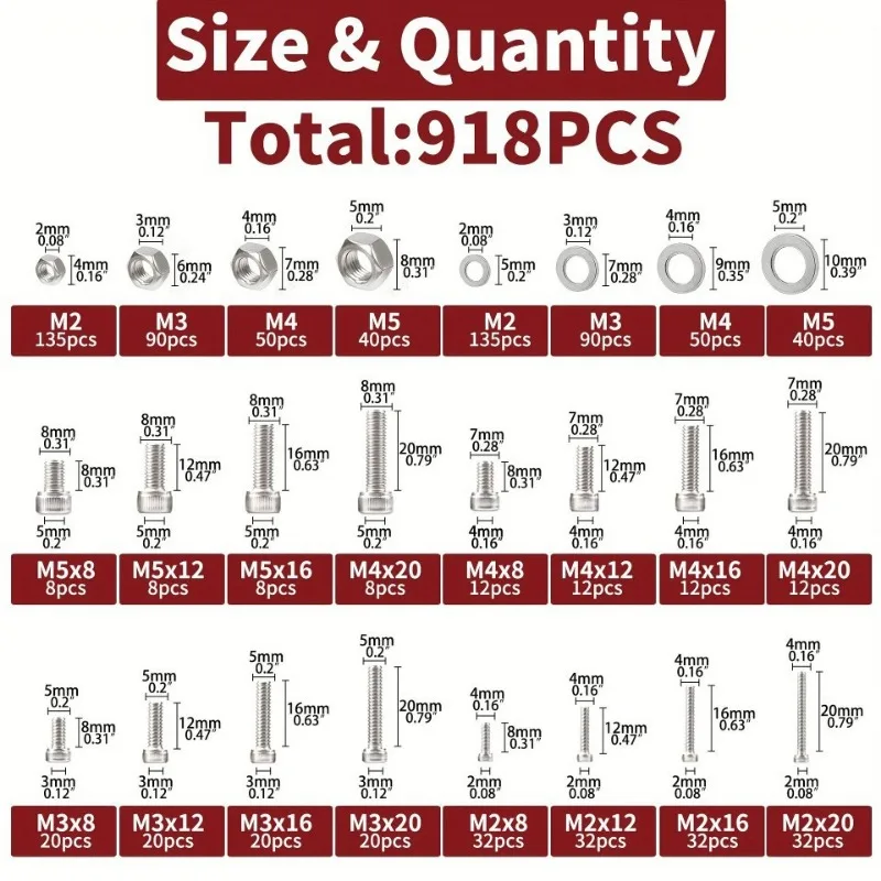 918pcs Cylindrical head hex socket screws with nuts and flat washers home improvement hardware accessories boxed set