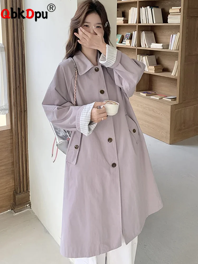

Korean Fashion Loose Mid Length Trench Women Casual Single Breasted Gabardina Outerwears Spring Fall Chic Long Sleeve Chaquetas