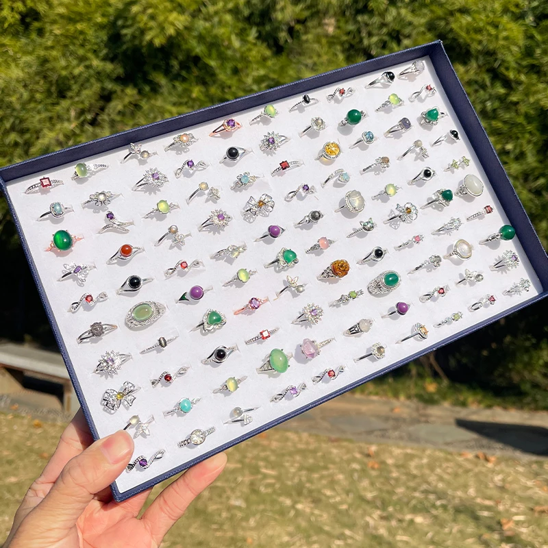 100Pcs Natural Gemstone Crystal Copper Rings Mixed Styles 4-13mm Colorful Stone Rings Women Fashion Jewelry Wholesale Bulk