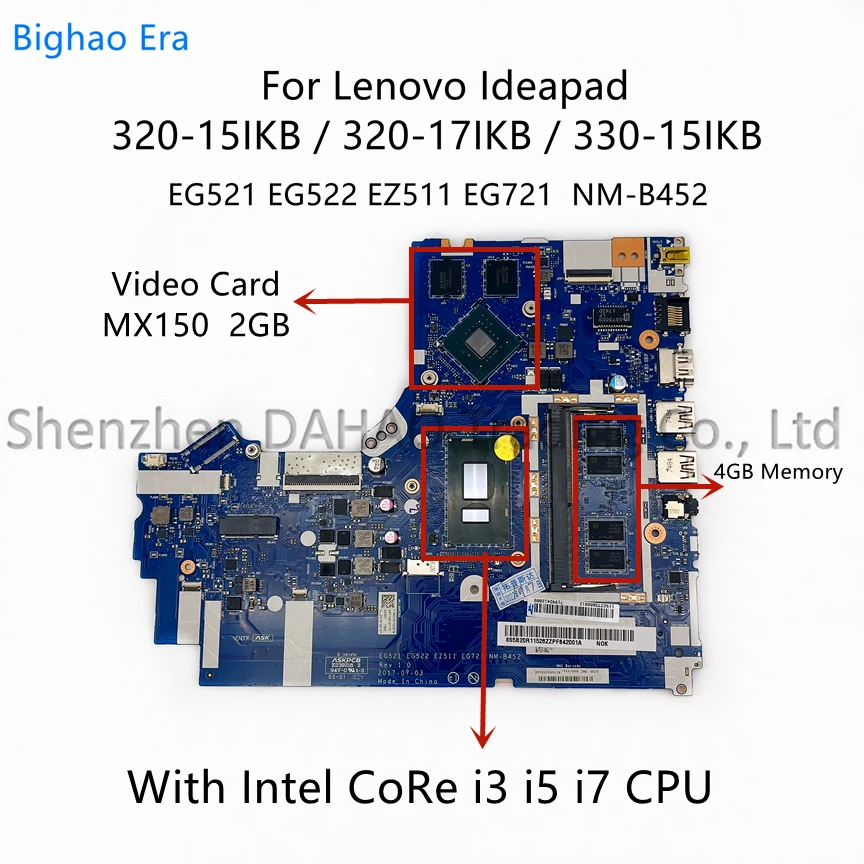 NM-B452 For Lenovo Ideapad 330-15IKB 320-15IKB 520-15IKB Laptop Motherboard With Inte i3 i5-8250U i7 CPU 4GB-RAM MX150 2GB-GPU