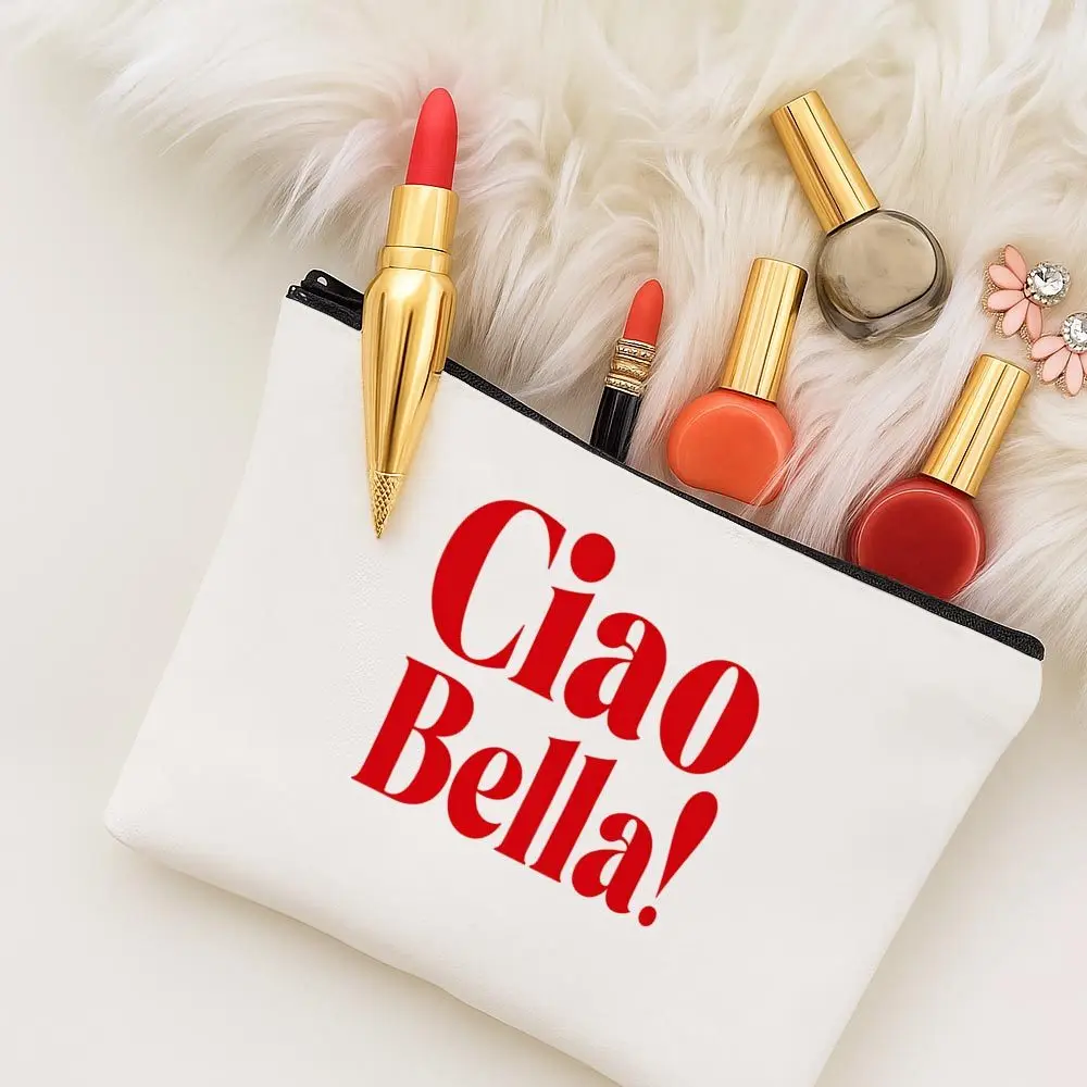 Modern Typography Print Cosmetic Bag Italian Quote Red Elegant Travel Makeup Organizer Portable Toiletry Pouch Zipper Closure