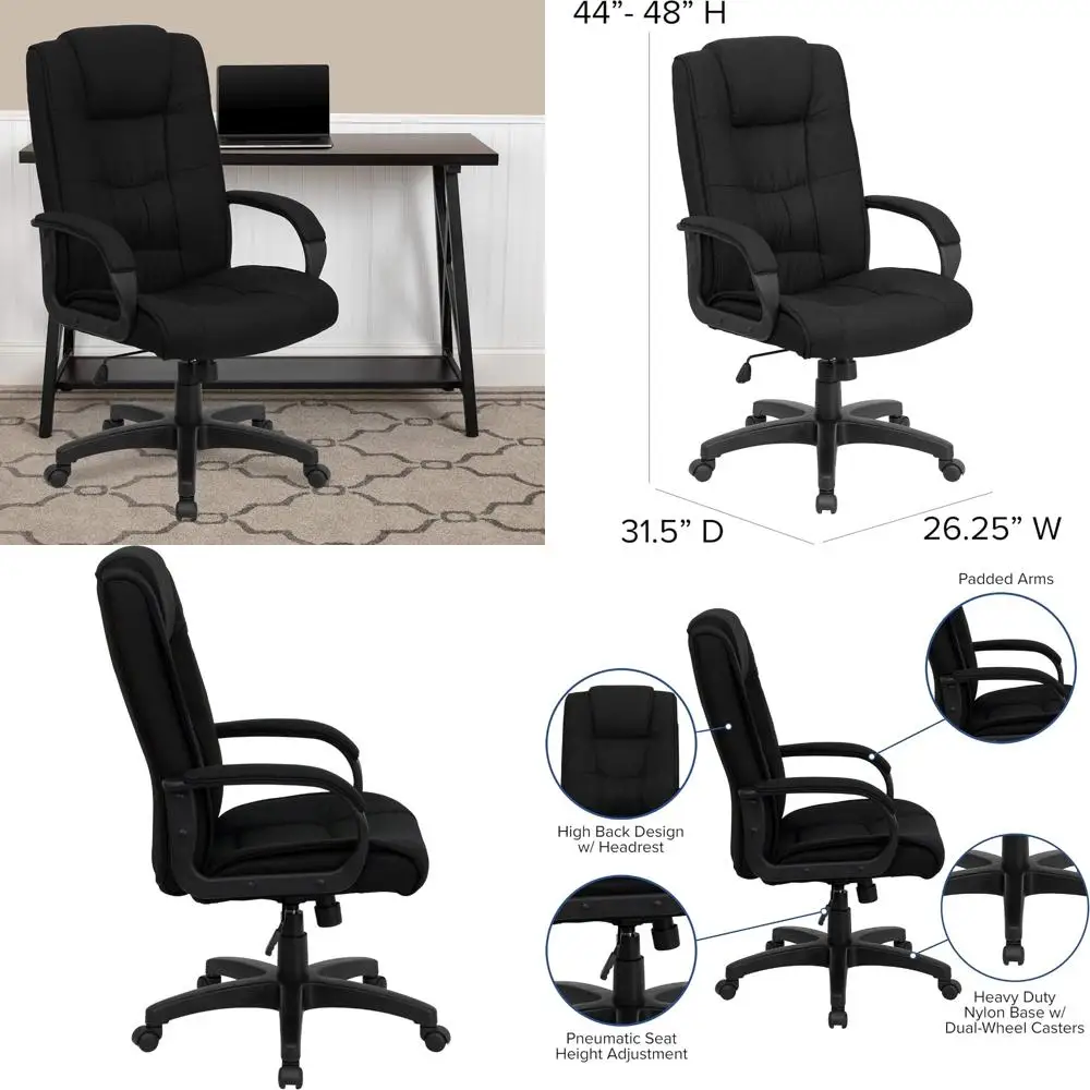 

Поворотное офисное кресло из черной ткани с высокой спинкой и подлокотниками, исполнительный стиль для удобных сидений