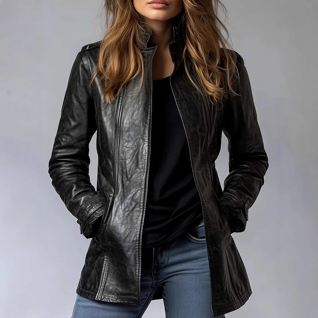 Women PU Leather Coats Solid Short Jackets Long Sleeves Stand Collar Zipper Thin Skinny Slim Fit Office Lady Casual 2025 Autumn