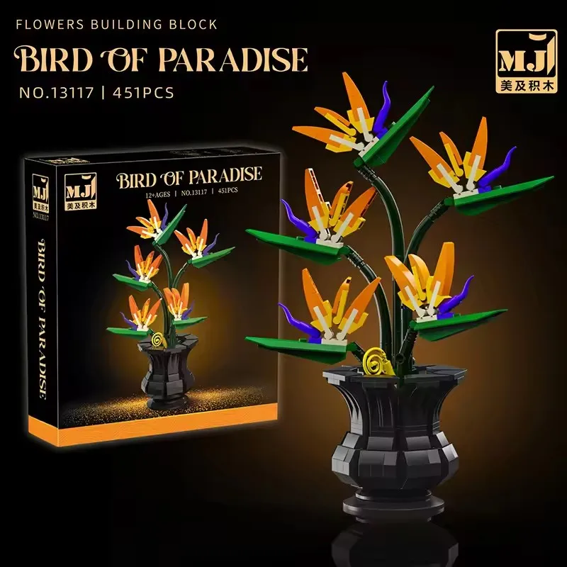 Bonsai Flower Series MOC Building Blocks Set Bird of Paradise Cotton Rose Potted Construction Home Decoration DIY Toys view 2