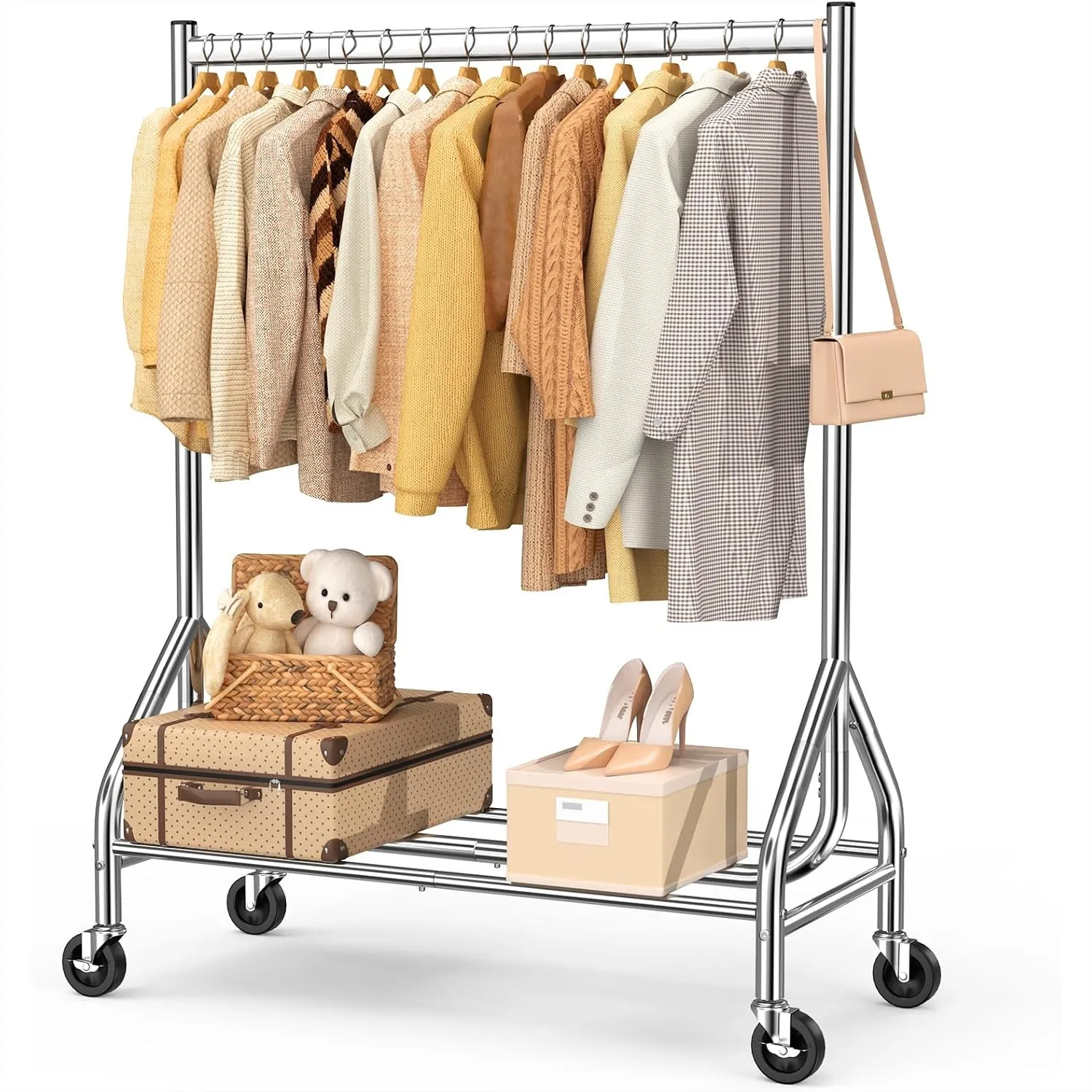 Heavy Duty Clothes Rack Load 420 LBS, Rolling Garment Rack with Lockable Wheels, Standing Metal Clothing Rack with Shelves for