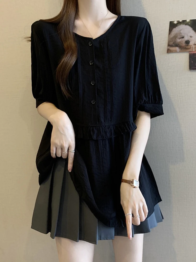 

Bla Splice ort Sve Cotton Linen Women's irt Summer New plus Size Slimming Belly Covering Korean Sle Button up Top