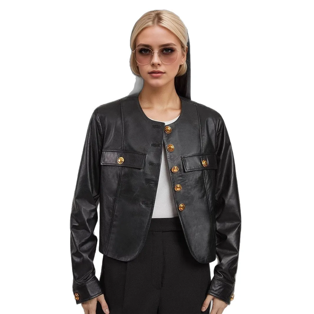 2025 Autumn New Round Neck Metal Buckle Black Gold Color Scheme New Women's Long Sleeved Short Pu Leather Jacket