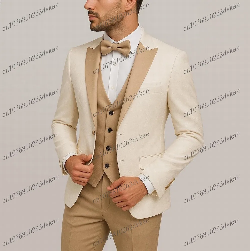 

Новый мужской костюм цвета слоновой кости и бежевого цвета, свадебная вечеринка, формальный жених, жених, выпускной, деловой мужской смокинг, комплект из 3 предметов, куртка, жилет, брюки