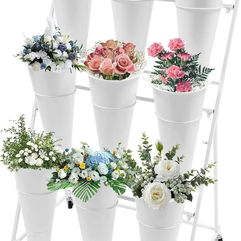 

3-Tier Metal Flower Stand with 9 Buckets, Wheeled Plant Cart for Indoor and Outdoor Use, White