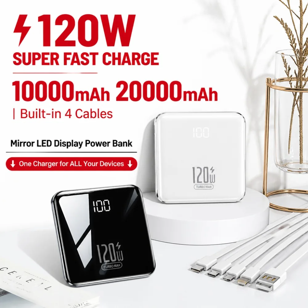 120W Super Fast Charging 20000mAh Power Bank Built-in Cables Portable Charger Mirror LED Display Battery Pack for iPhone Samsung