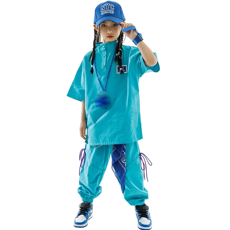 2023 Kinderen Hiphopkleding Meisjes Losse T-Shirt Broek Blauw Pak Jongens Streetdance Kostuum Kpop Concertkleding Bl10590