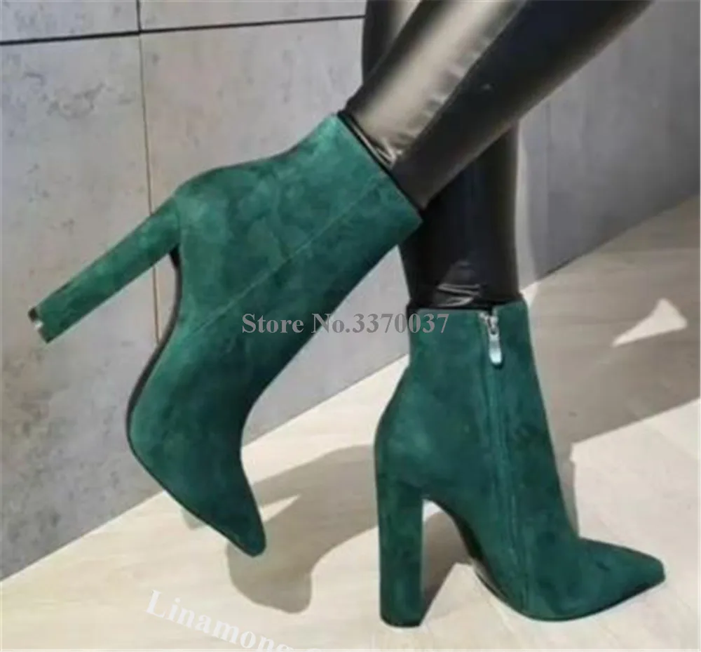 Suede Chunky Hak Korte Laarzen Linamong Vrouwen Elegant Puntschoen Groene Dikke Hak Enkellaarsjes Rits-Up Jurk Hoge hakken