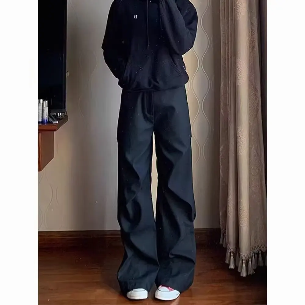 

American style niche pleated micro flared casual pants for men retro loose straight leg hanging feeling versatile black trousers