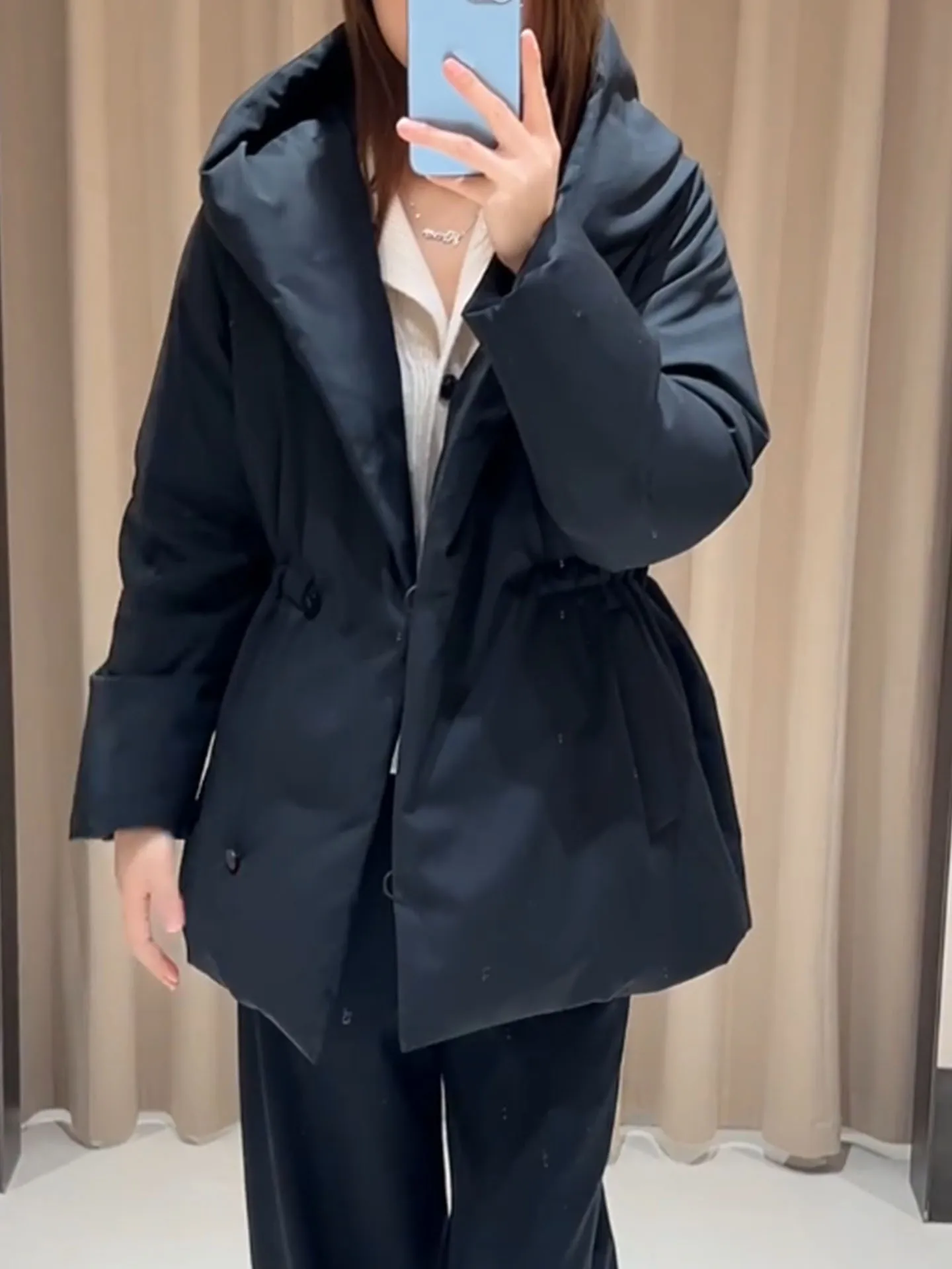 Ele Bla Daunenjaet-Taillen-Cinching-Wintermantel für Damen mit Kapuze, mittellang, Sli Thiened Oberbekleidung, Pendler-Sle